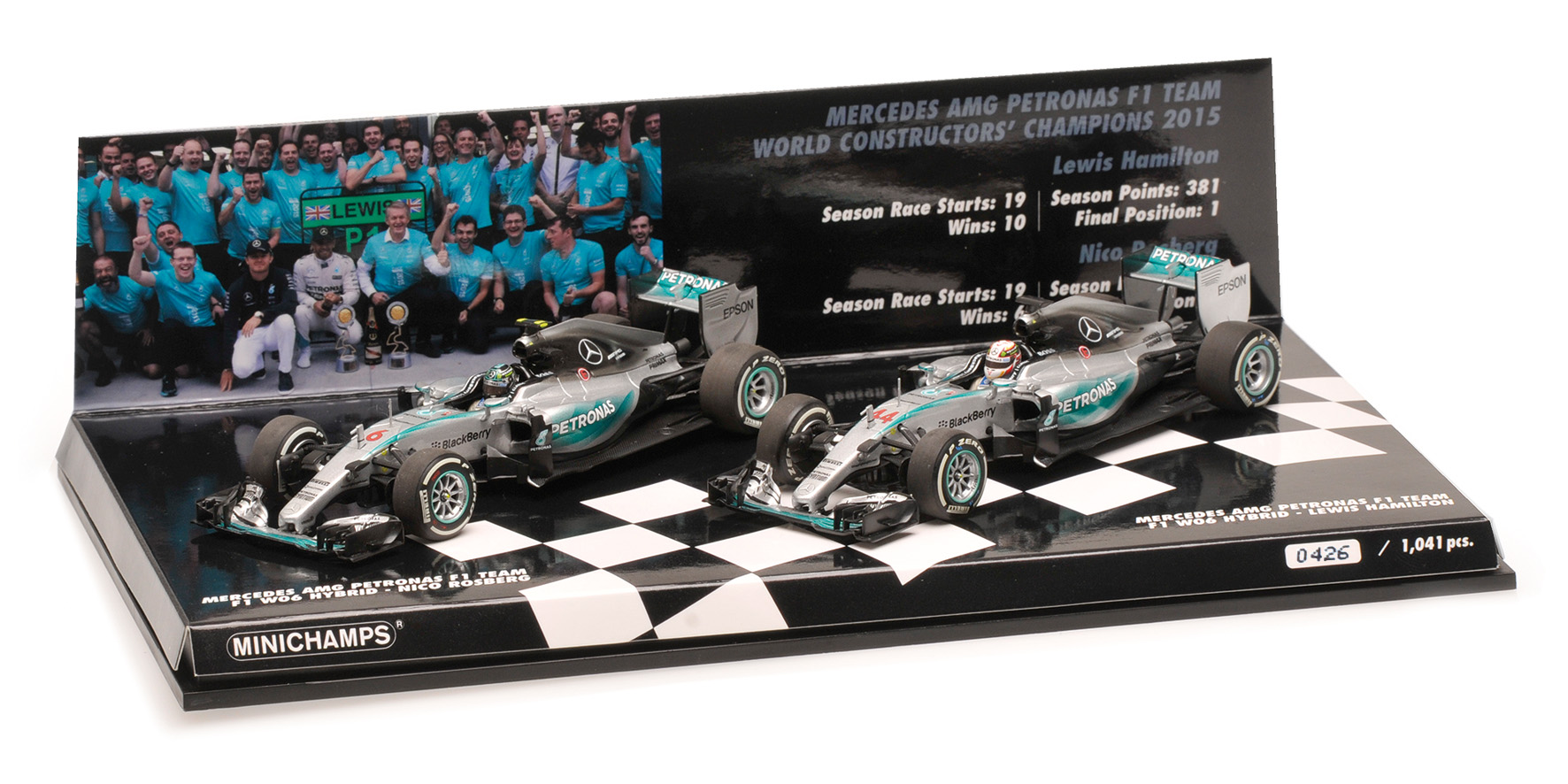 2-CAR SET - MERCEDES AMG PETRONAS FORMULA ONE TEAM - CONSTRUCTOR WORLD CHAMPION 2015 - F1 W06 HYBRID