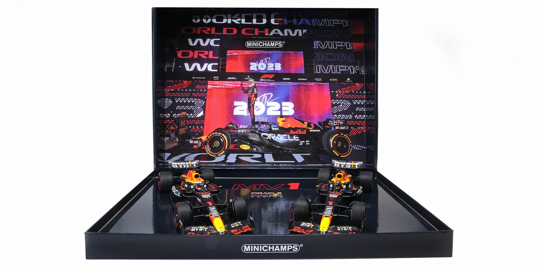 2-CAR-SET - ORACLE RED BULL RACING RB19 - MAX VERSTAPPEN - WORLD CHAMPION QATAR SPRINT & GP 2023