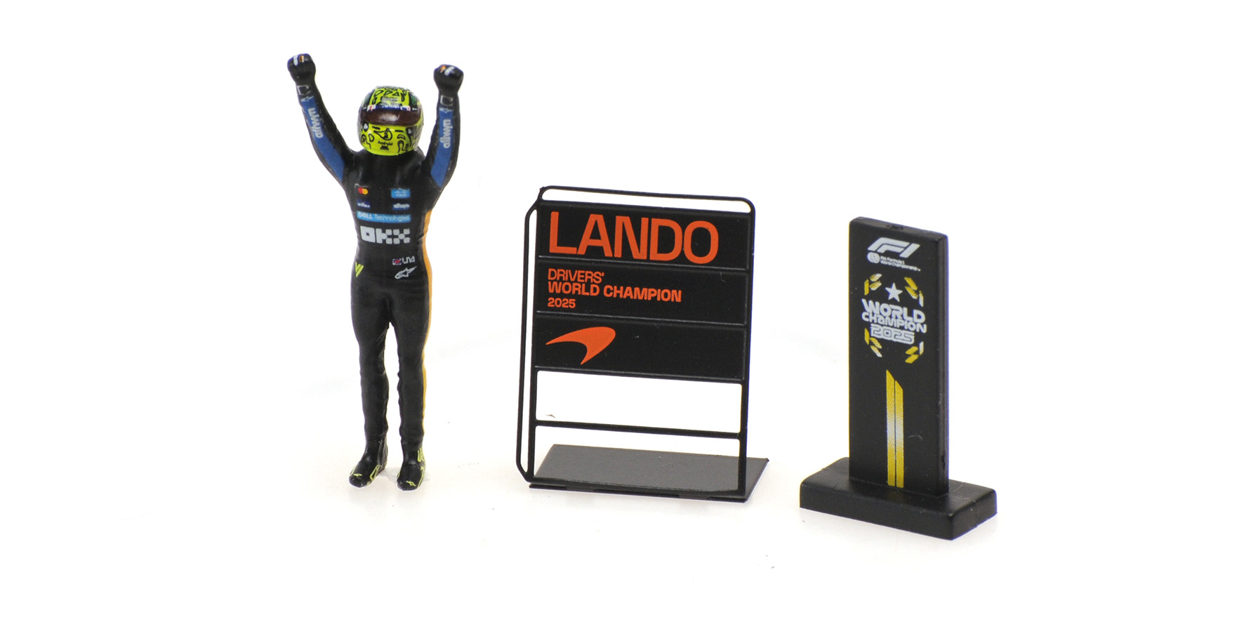 MCLAREN FORMULA 1 TEAM MCL39 - LANDO NORRIS - WC - ABU DHABI GP 2025 W.STAN. FIGURINE.+ 2 PITBOARDS
