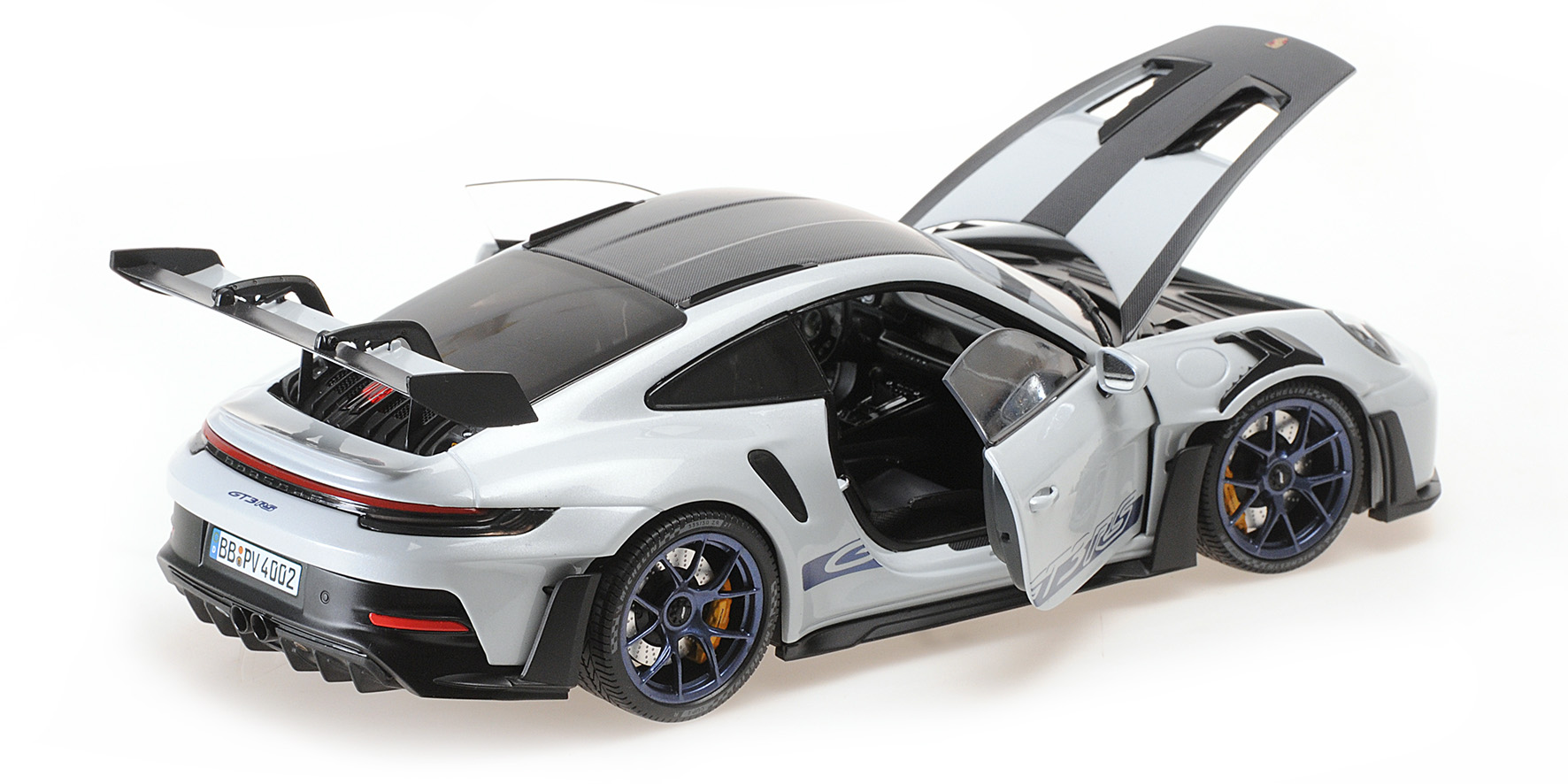 PORSCHE 911 (992) GT3 RS - 2022 - GREY MET. W/WEISSACH PACKAGE W BLUE DECOR+WHEELS SINGLE NUMBERED
