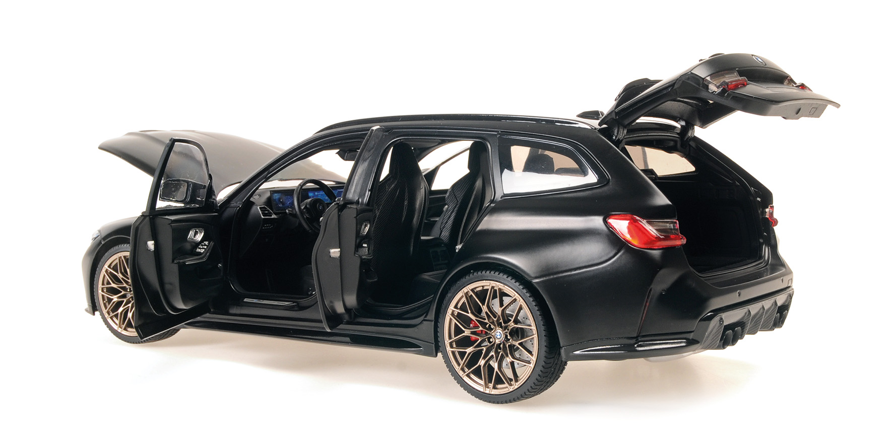 BMW M3 TOURING - 2024 - MATT BLACK W GOLD MAGNESIUM WHEELS AND BLACK INTERIOR BUCKET SEATS