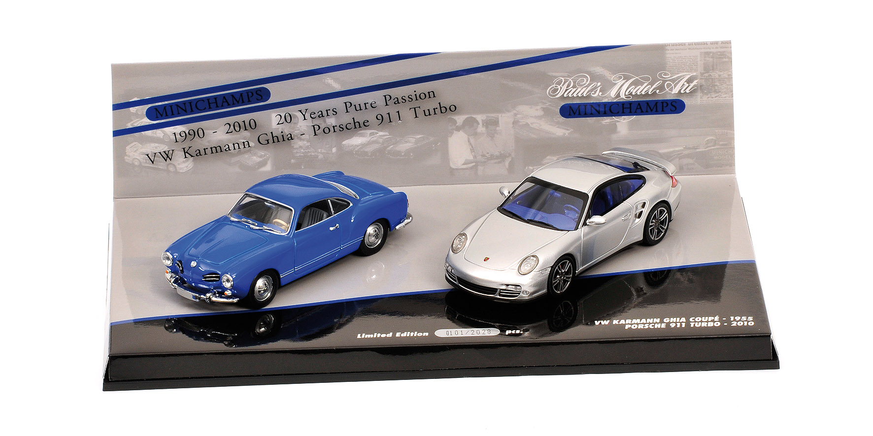 DOUBLE SET PORSCHE 911 TURBO (997) - 2010 SILVER / VW KARMANN GHIA COUPE - 1955  BLUE - '20 YEARS MC
