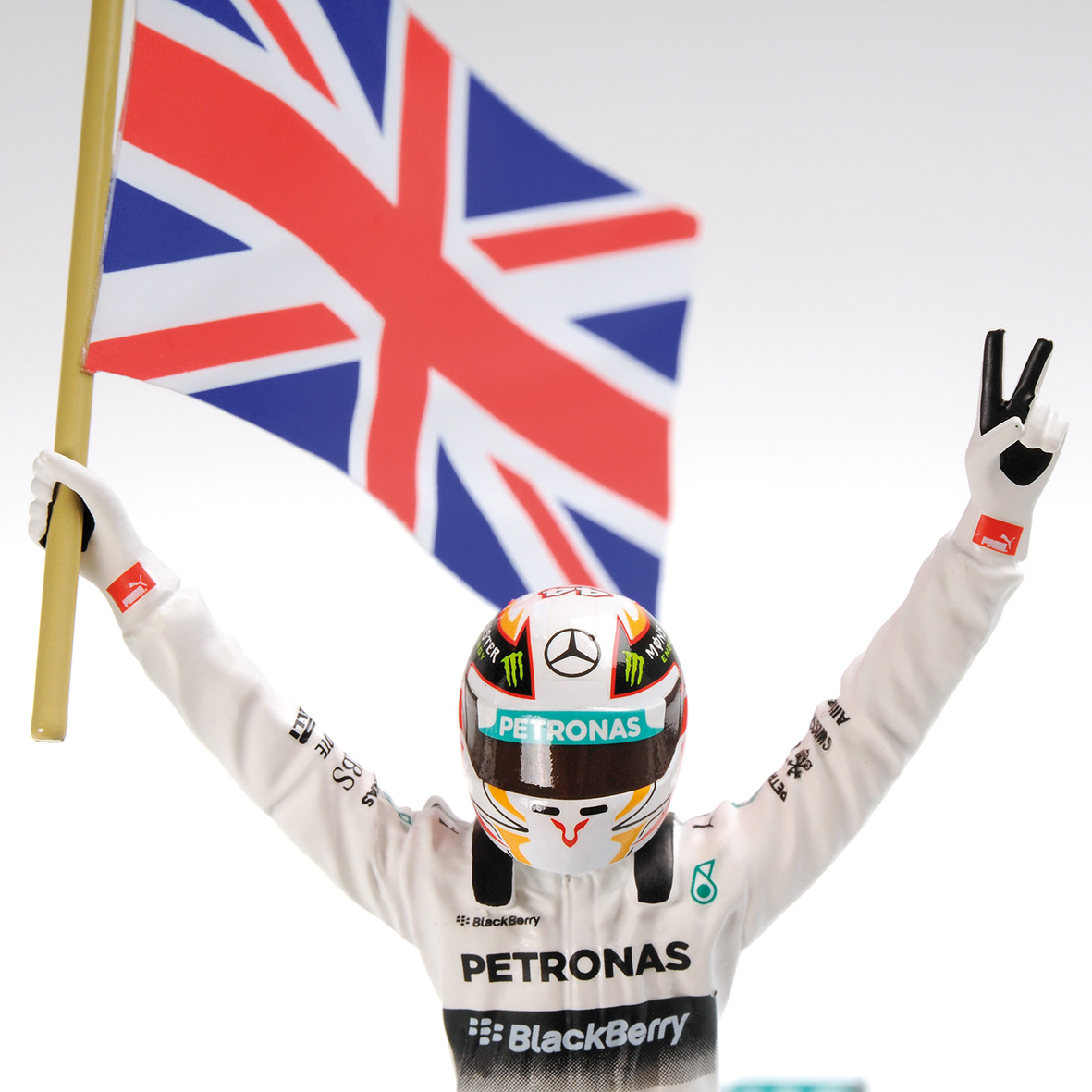 MERCEDES AMG PETRONAS F1 TEAM W05 - HAMILTON - WINNER ABU DHABI GP 2014 W.STANDING FIGURINE A. FLAG