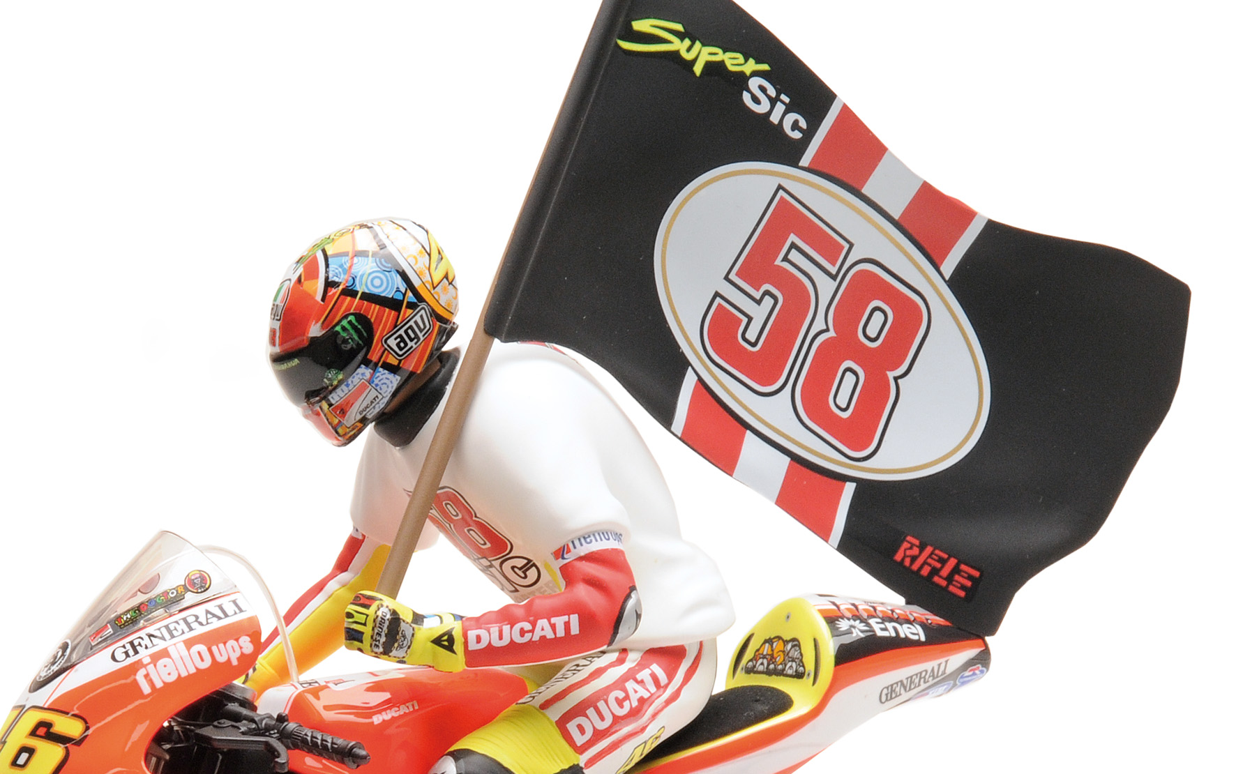 DUCATI DESMOSEDICI GP 11.2 - VALENTINO ROSSI - MOTOGP 2011 - 'TRIBUTE TO MARCO' - W/ FIGURINE W/ FLA