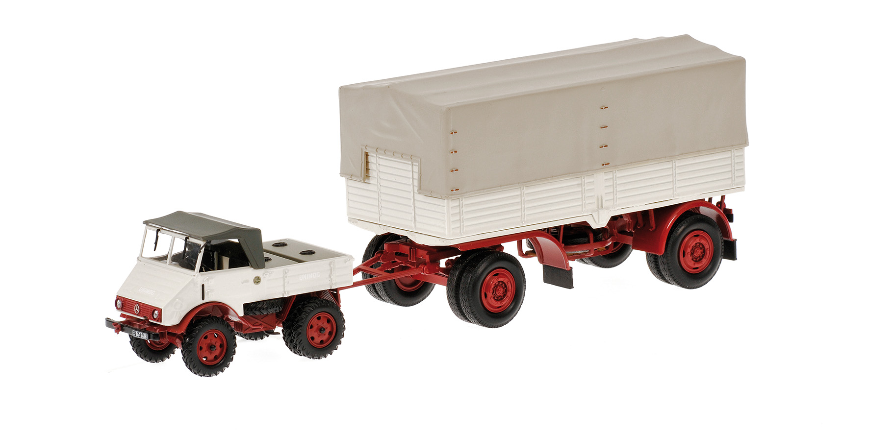 MERCEDES-BENZ UNIMOG 401 - SET MIT PRITSCHENANHÄNGER - 1951 - WHITE/RED