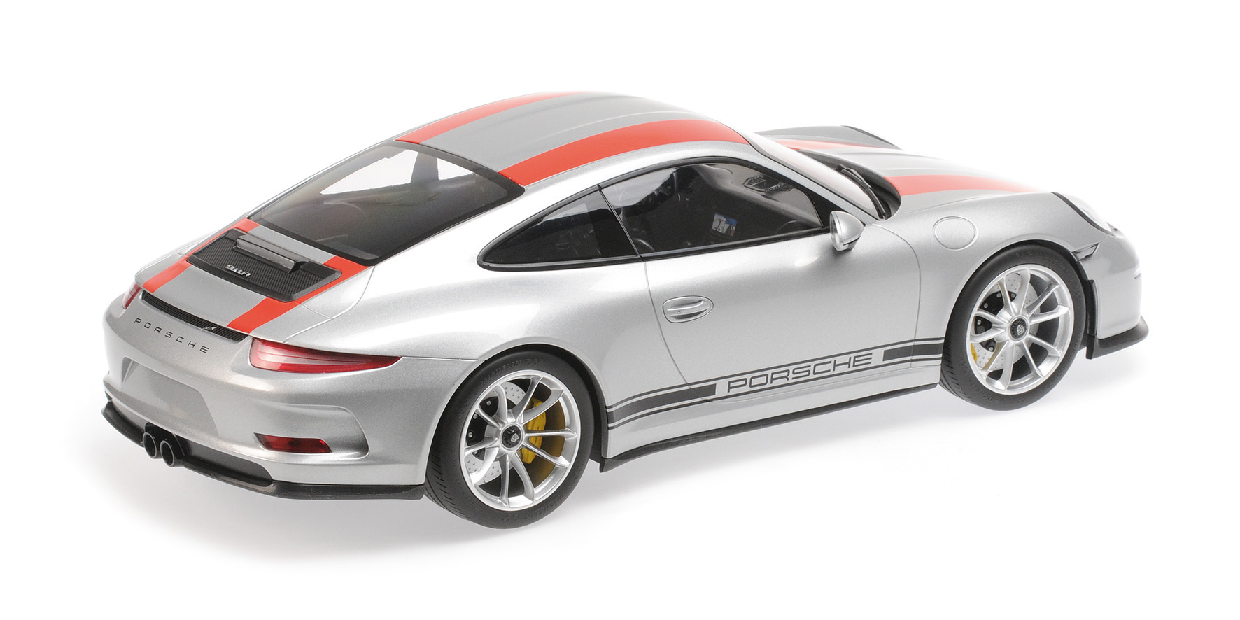 PORSCHE 911 R - 2016 - SILVER W/ RED STRIPES AND BLACK WRITING