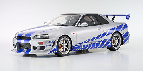 NISSAN SKYLINE R34 GT-R 2001 - FAST & FURIOUS - SILVER W/BLUE STRIPES (KSR12007A)
