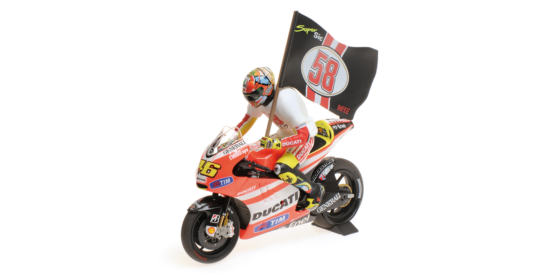 DUCATI DESMOSEDICI GP 11.2 - VALENTINO ROSSI - MOTOGP 2011 - 'TRIBUTE TO MARCO' - W/ FIGURINE W/ FLA
