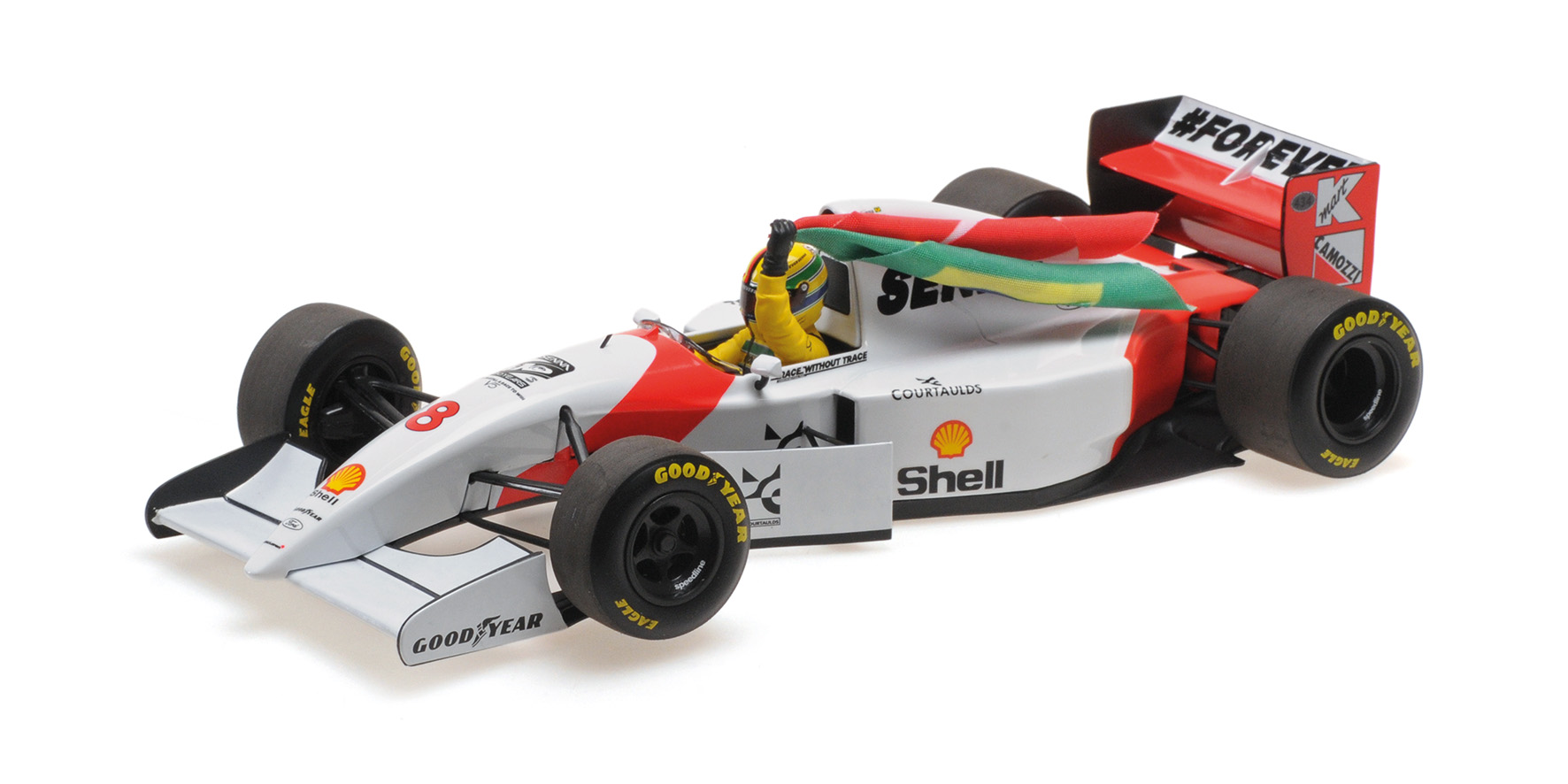 MCLAREN FORD MP4/8 - SEBASTIAN VETTEL - TRIBUTE IMOLA 19.05.24 W FIGURINE AND FLAG