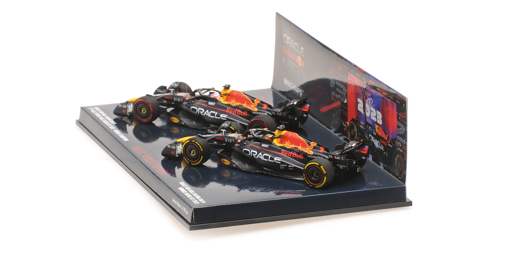 2-CAR-SET - ORACLE RED BULL RACING RB19 - MAX VERSTAPPEN - WORLD CHAMPION QATAR SPRINT & GP 2023