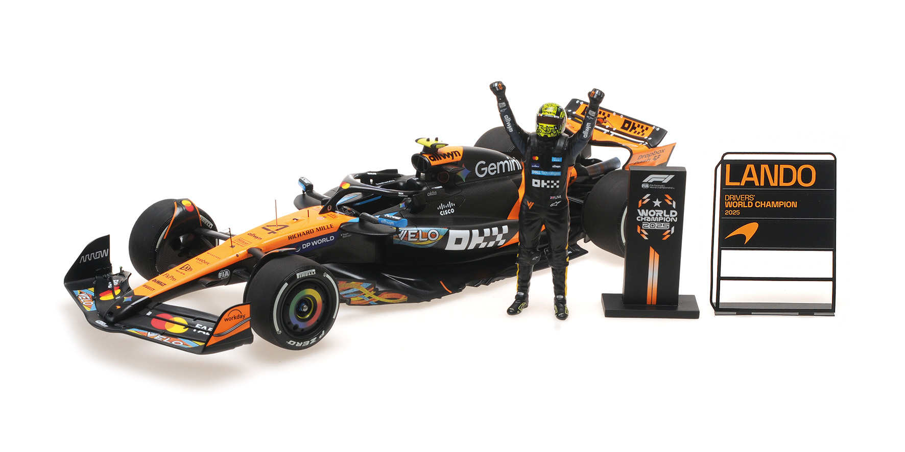 MCLAREN FORMULA 1 TEAM MCL39 - L. NORRIS - WC - ABU DHABI GP 2025 W.STAN. FIGURINE.+ 2 PITBOARDS