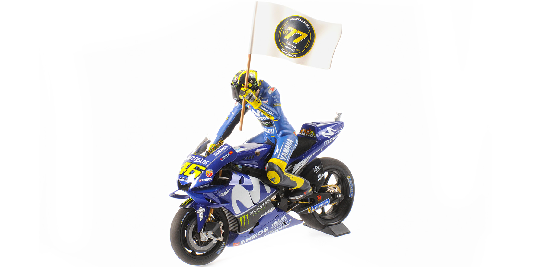 YAMAHA YZR-M1 - MOVISTAR YAMAHA - VALENTINO ROSSI - MOTOGP CATALUNYIA 2018 - W/ FIGURINE W/ FLAG