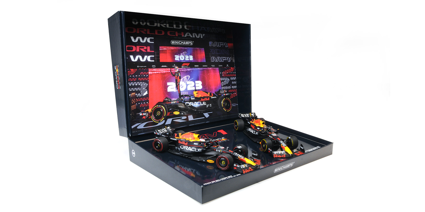 2-CAR-SET - ORACLE RED BULL RACING RB19 - MAX VERSTAPPEN - WORLD CHAMPION QATAR SPRINT & GP 2023