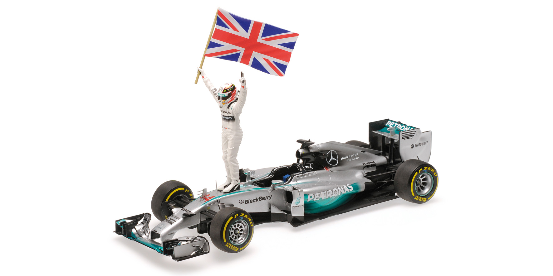 MERCEDES AMG PETRONAS F1 TEAM W05 - HAMILTON - WINNER ABU DHABI GP 2014 W.STANDING FIGURINE A. FLAG