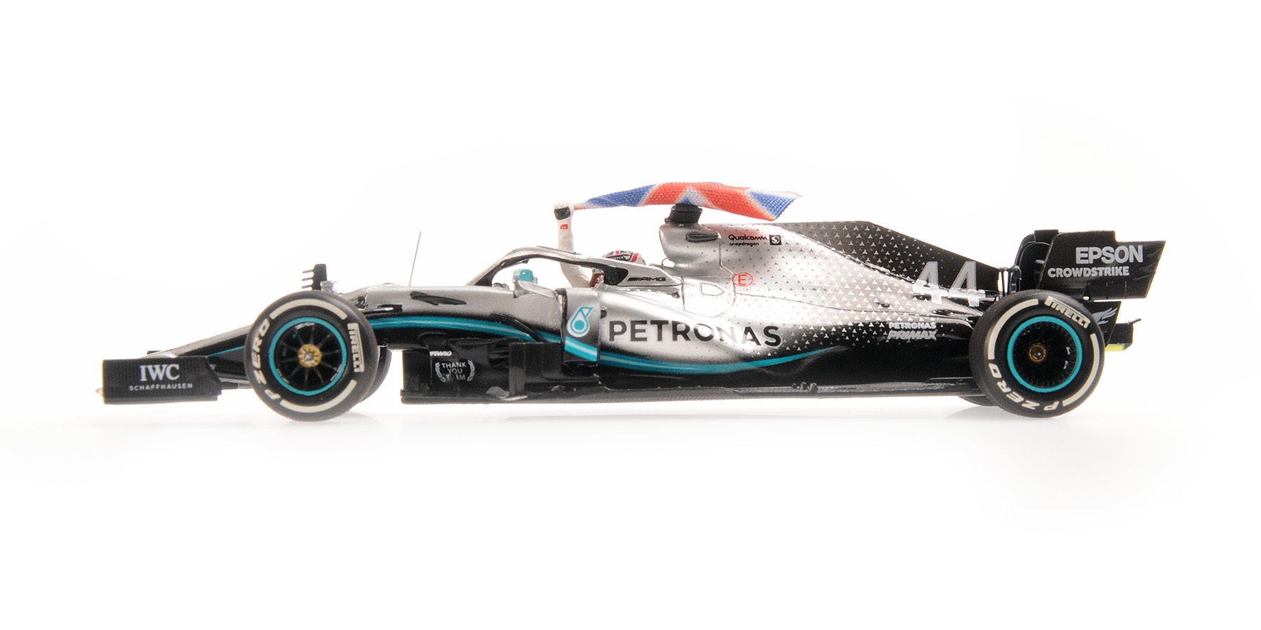 MERCEDES-AMG PETRONAS MOTORSPORT F1 W10 EQ POWER+ - LEWIS HAMILTON W. FLAG - WINNER BRITISH GP 2019