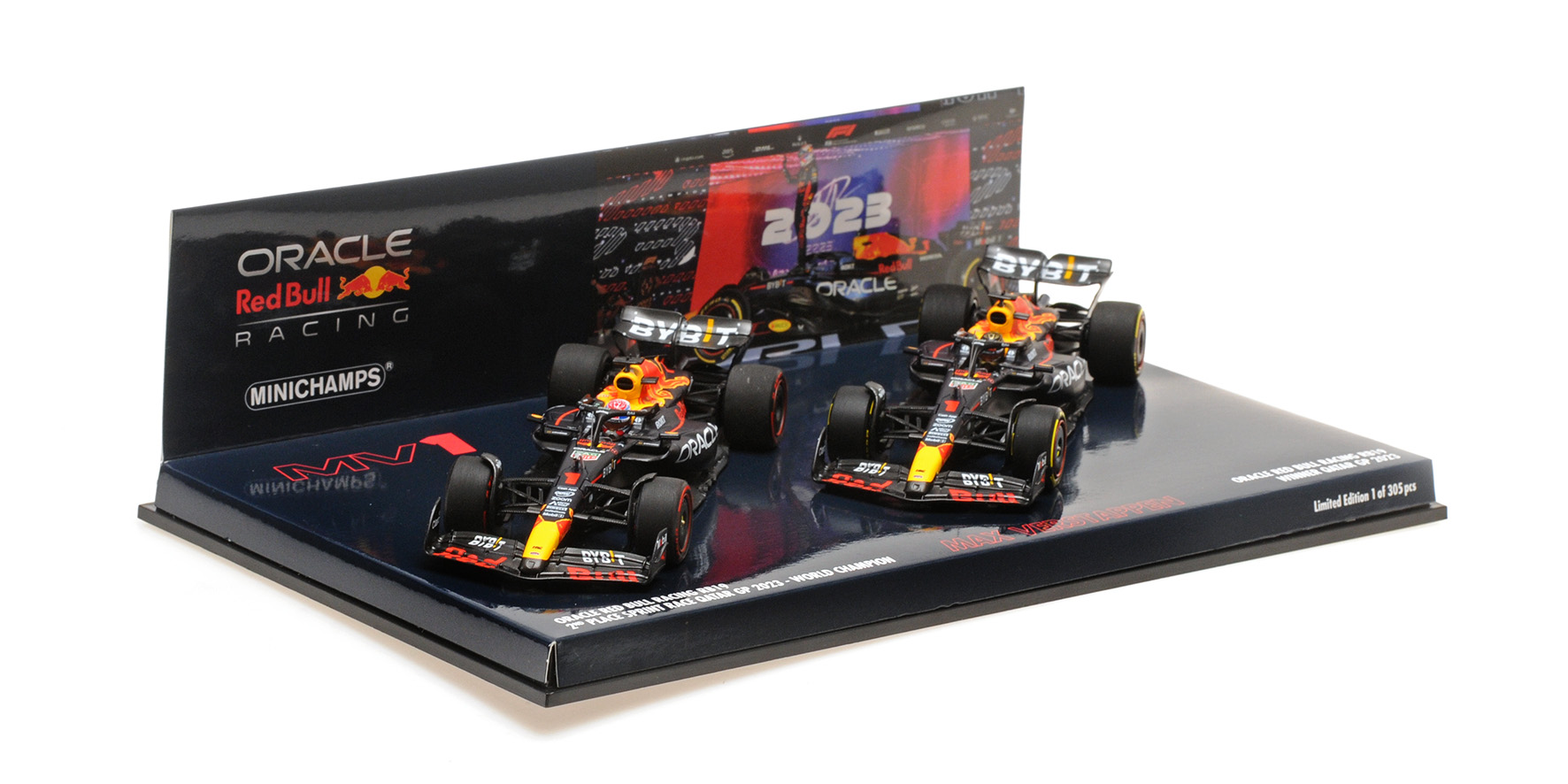 2-CAR-SET - ORACLE RED BULL RACING RB19 - MAX VERSTAPPEN - WORLD CHAMPION QATAR SPRINT & GP 2023