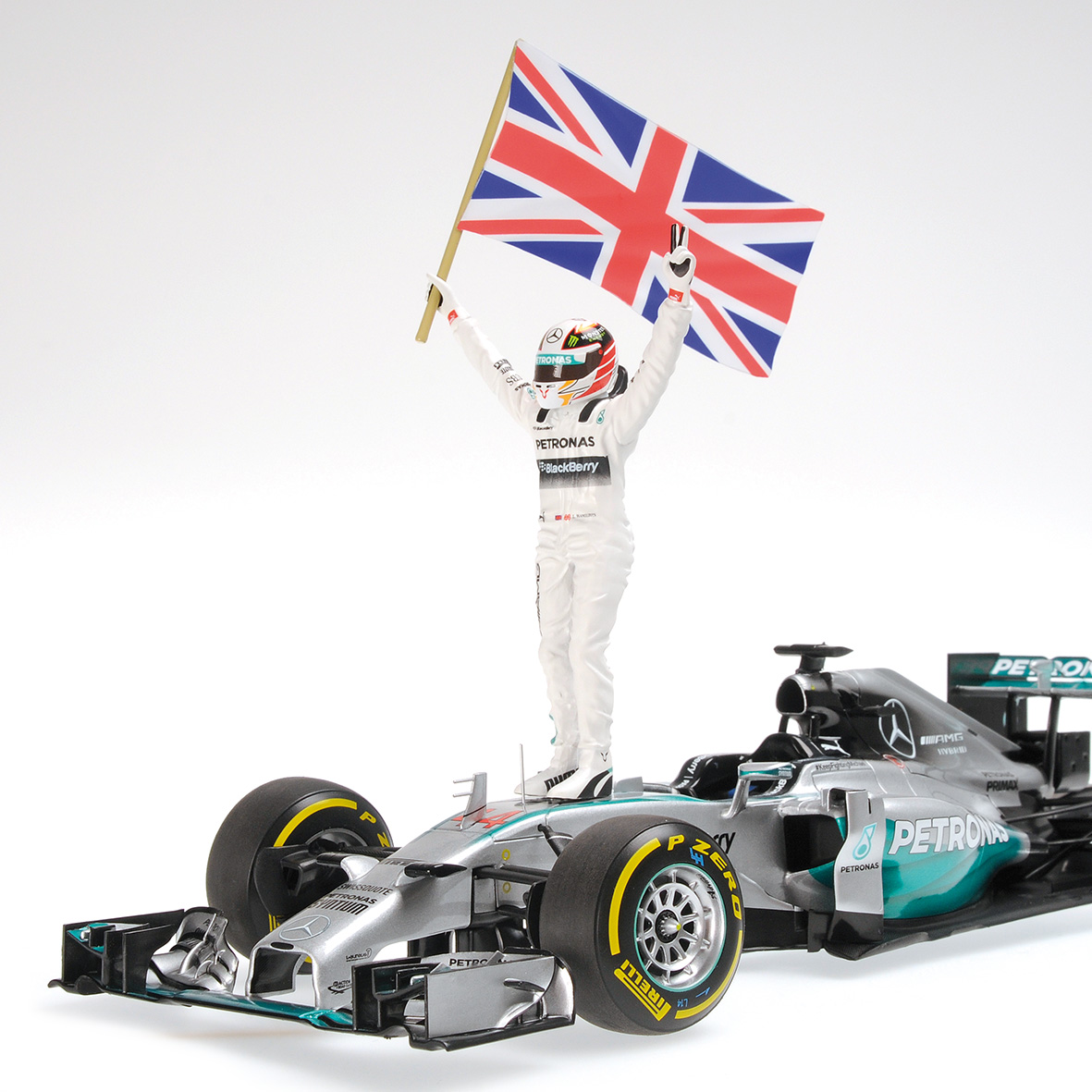 MERCEDES AMG PETRONAS F1 TEAM W05 - HAMILTON - WINNER ABU DHABI GP 2014 W.STANDING FIGURINE A. FLAG