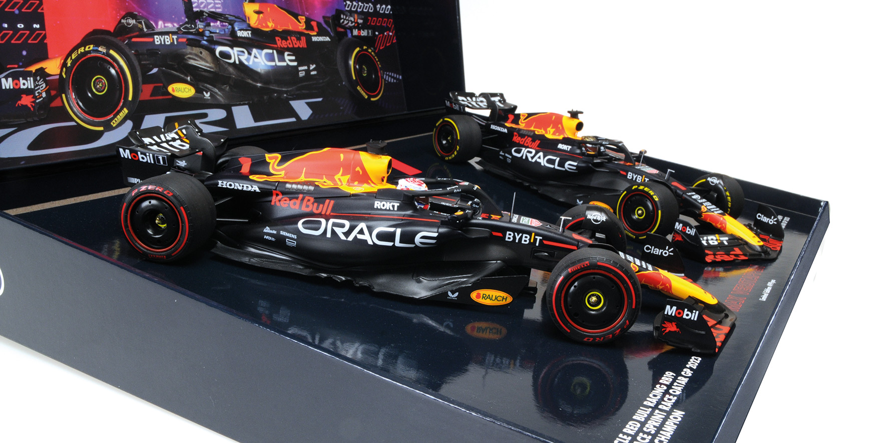 2-CAR-SET - ORACLE RED BULL RACING RB19 - MAX VERSTAPPEN - WORLD CHAMPION QATAR SPRINT & GP 2023