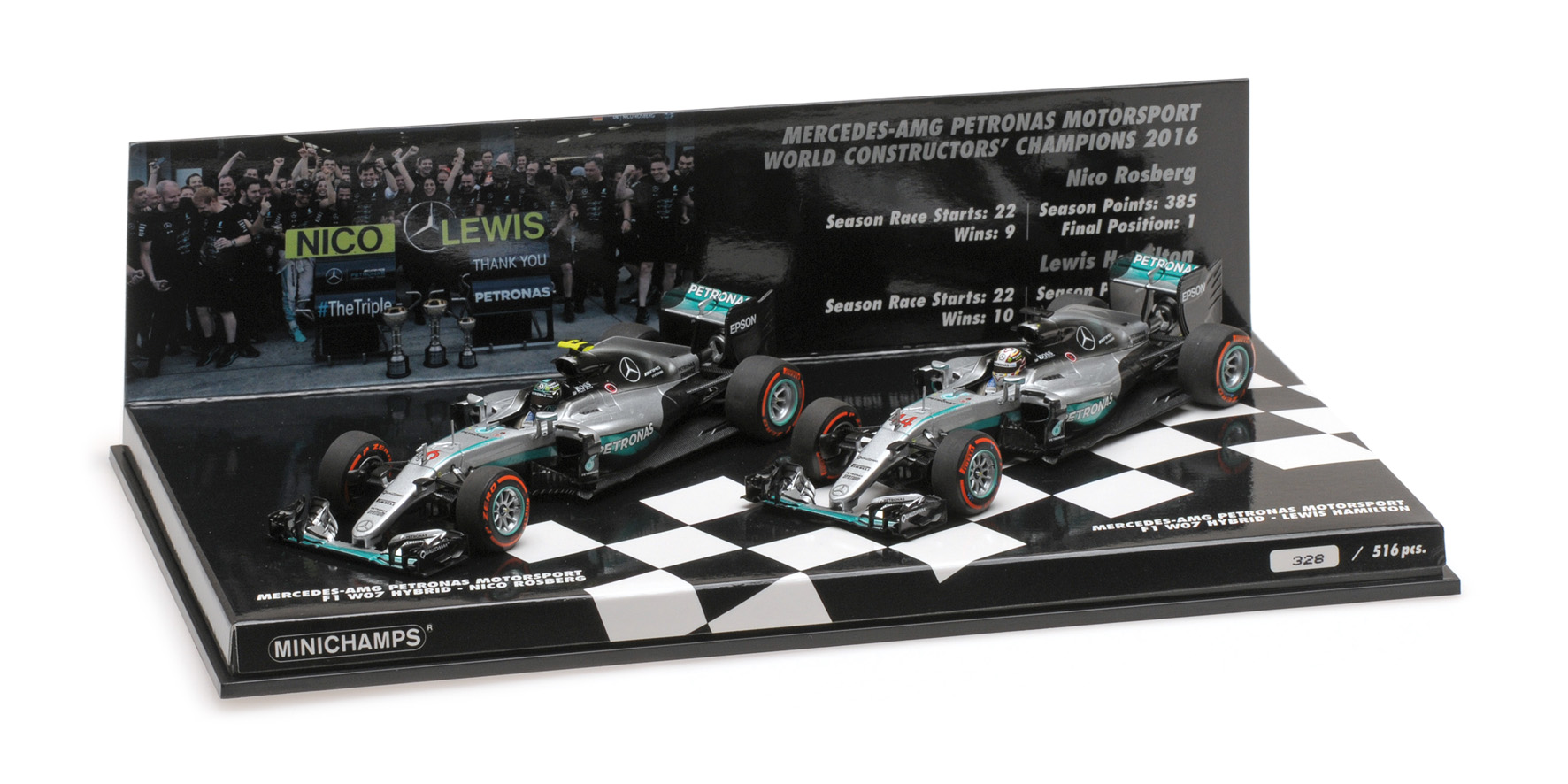 2-CAR SET - MERCEDES AMG PETRONAS F1 TEAM W07 HYBRID - CONSTRUCTOR WORLD CHAMPION - 2016