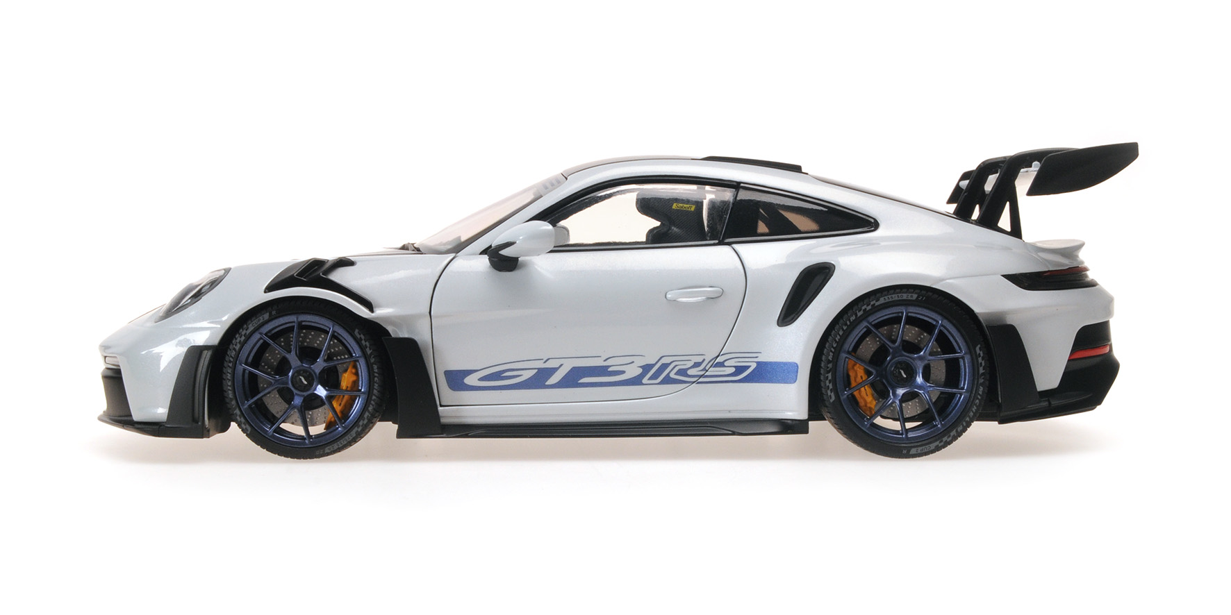 PORSCHE 911 (992) GT3 RS - 2022 - GREY MET. W/WEISSACH PACKAGE W BLUE DECOR+WHEELS SINGLE NUMBERED