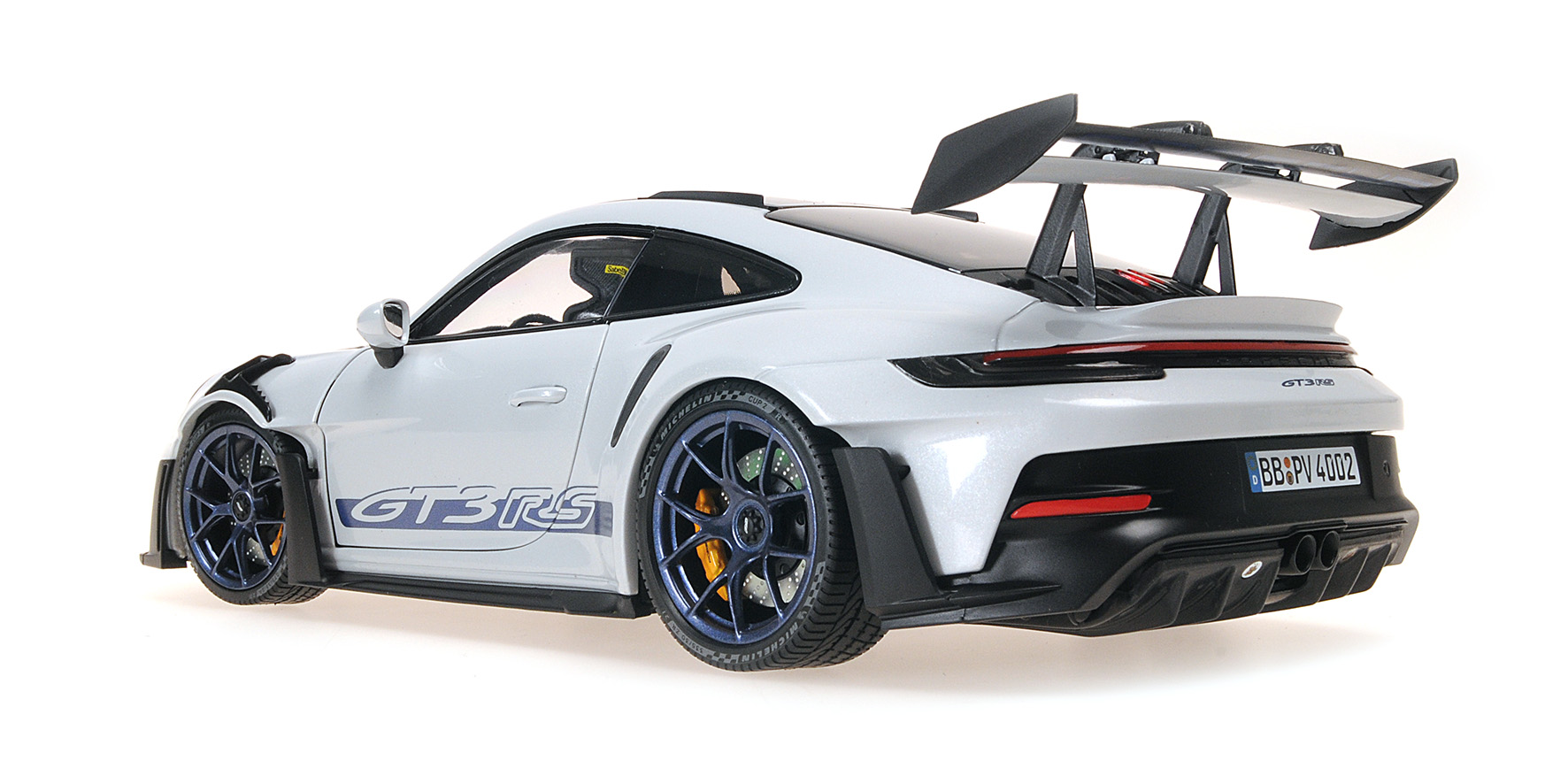 PORSCHE 911 (992) GT3 RS - 2022 - GREY MET. W/WEISSACH PACKAGE W BLUE DECOR+WHEELS SINGLE NUMBERED