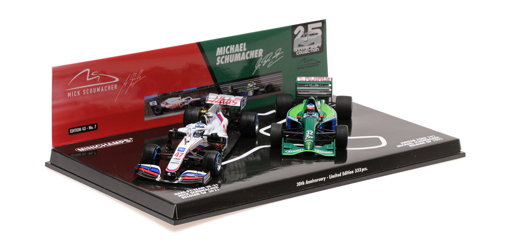2-CAR SET - M. SCHUMACHER BELGIAN GP 1991 & M. SCHUMACHER, BELGIAN GP 2021 - 30TH ANNIVERSARY