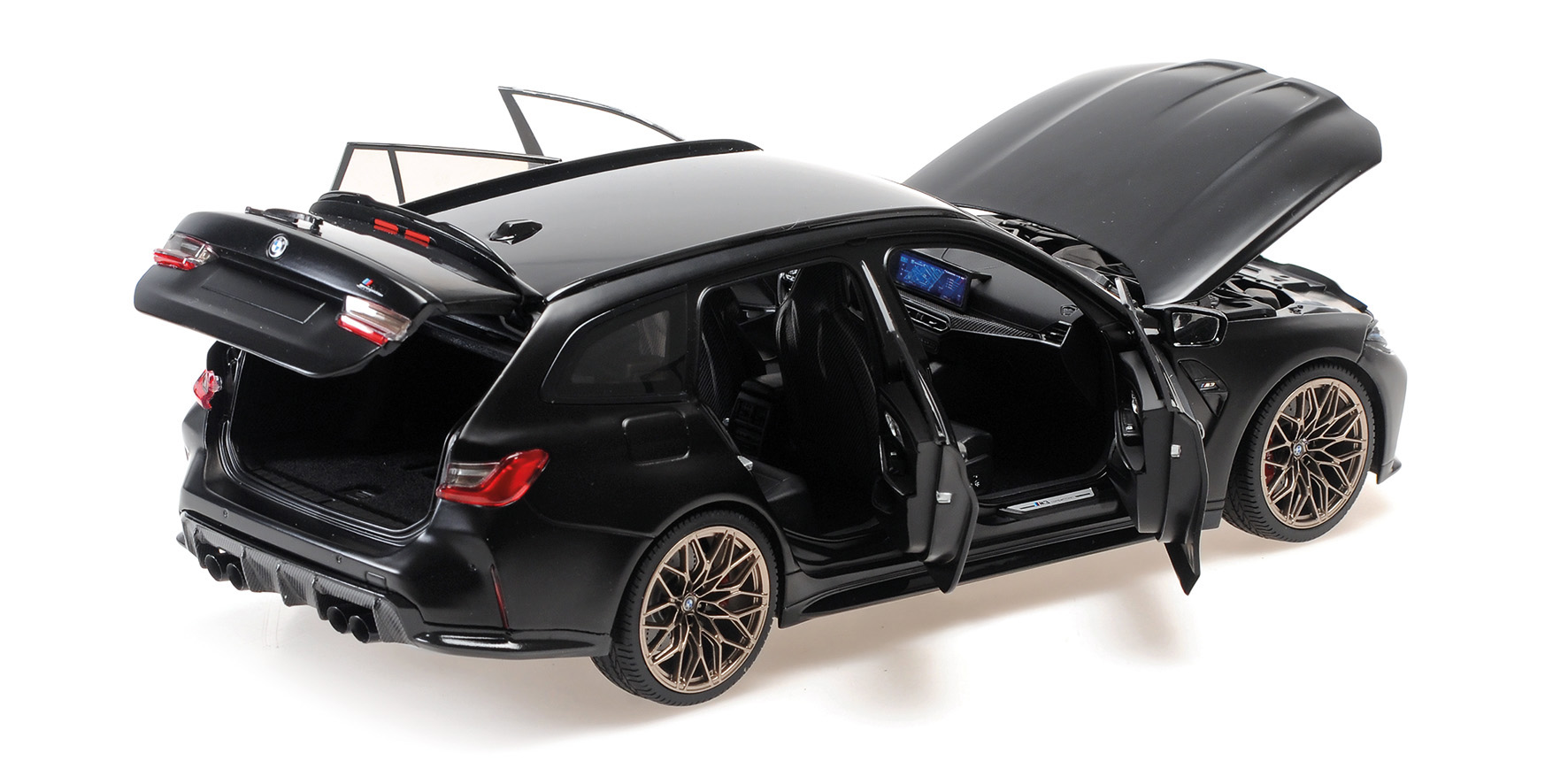 BMW M3 TOURING - 2024 - MATT BLACK W GOLD MAGNESIUM WHEELS AND BLACK INTERIOR BUCKET SEATS