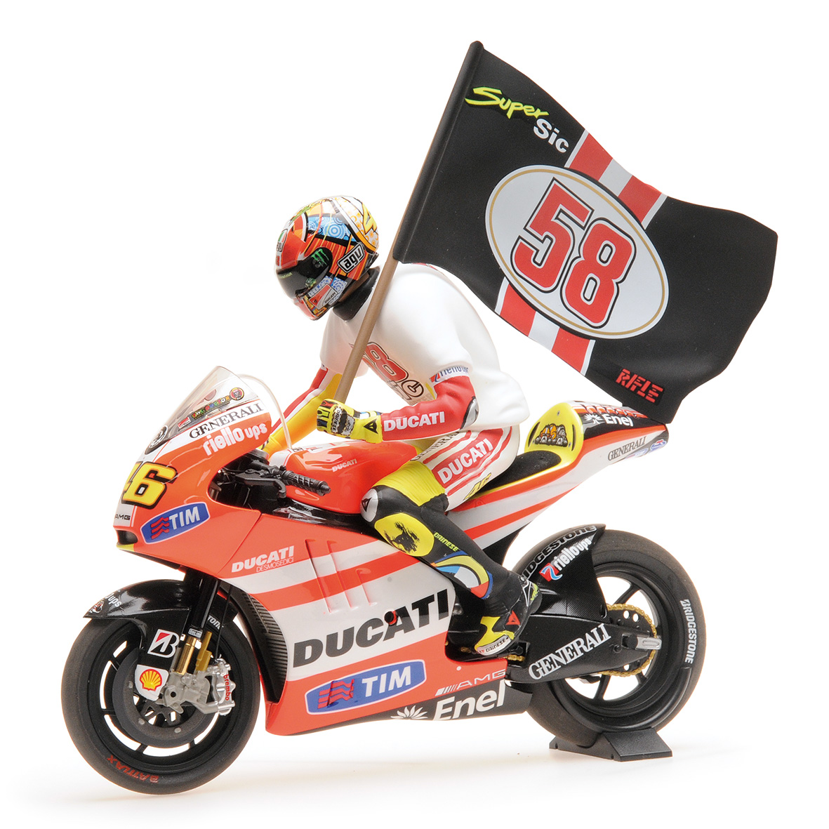 DUCATI DESMOSEDICI GP 11.2 - VALENTINO ROSSI - MOTOGP 2011 - 'TRIBUTE TO MARCO' - W/ FIGURINE W/ FLA