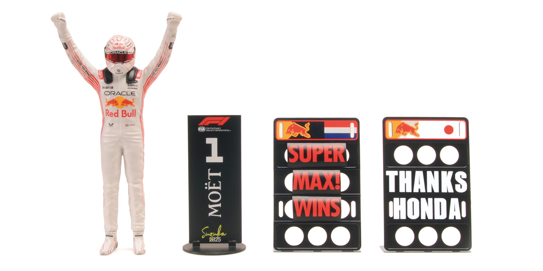 ORACLE RED BULL RACING RB21 - MAX VERSTAPPEN - WINNER JAPANESE GP 2025 W FIGURINE, 2 PITBOARDS AND POSITION BOARD