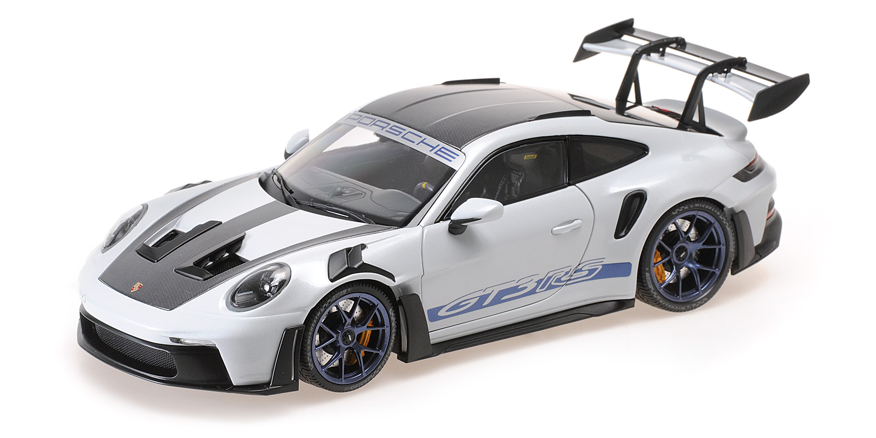 PORSCHE 911 (992) GT3 RS - 2022 - GREY MET. W/WEISSACH PACKAGE W BLUE DECOR+WHEELS SINGLE NUMBERED