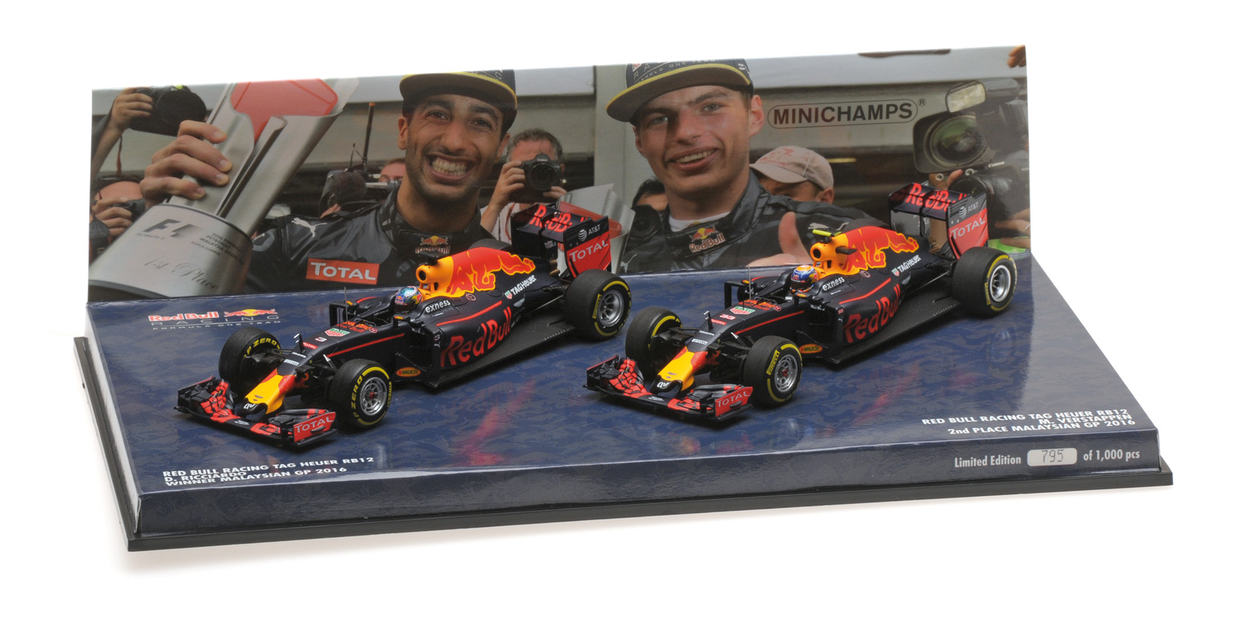 2-CAR SET - RED BULL RACING TAG HEUER RB12 - RICCIARDO/VERSTAPPEN - 1-2 FINISH MALAYSIAN GP 2016