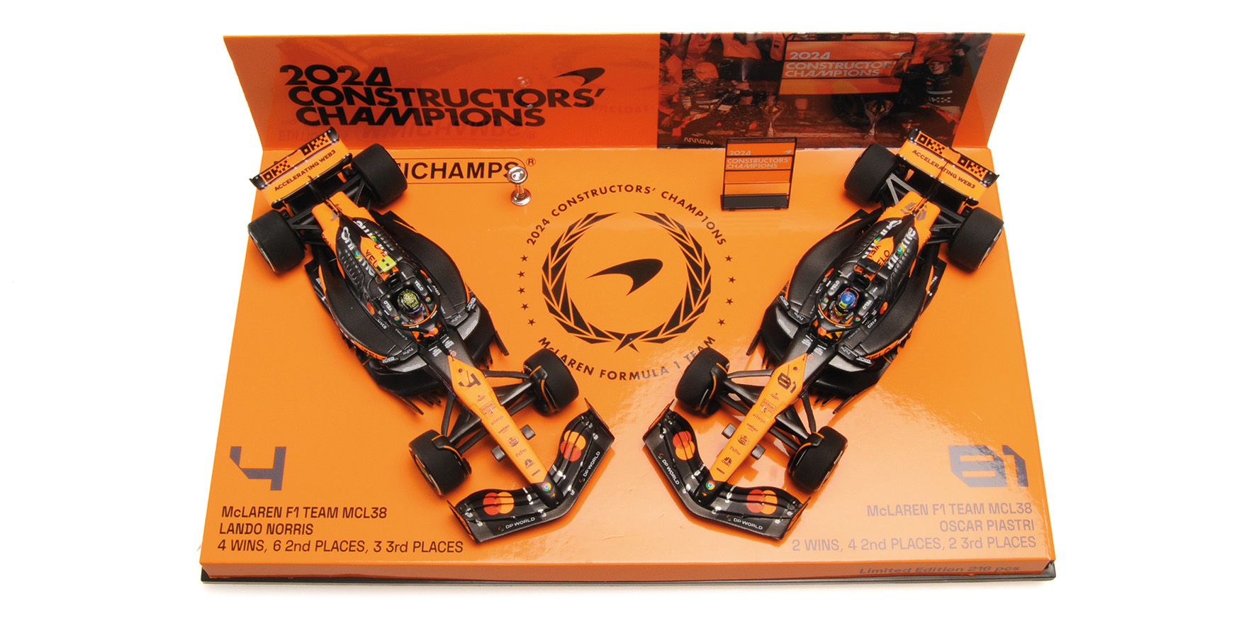 2-CAR SET - MCLAREN F1 TEAM MCL38 - CONSTRUCTORS CHAMPIONS - NORRIS/PIASTRI - ABU DHABI GP 2024