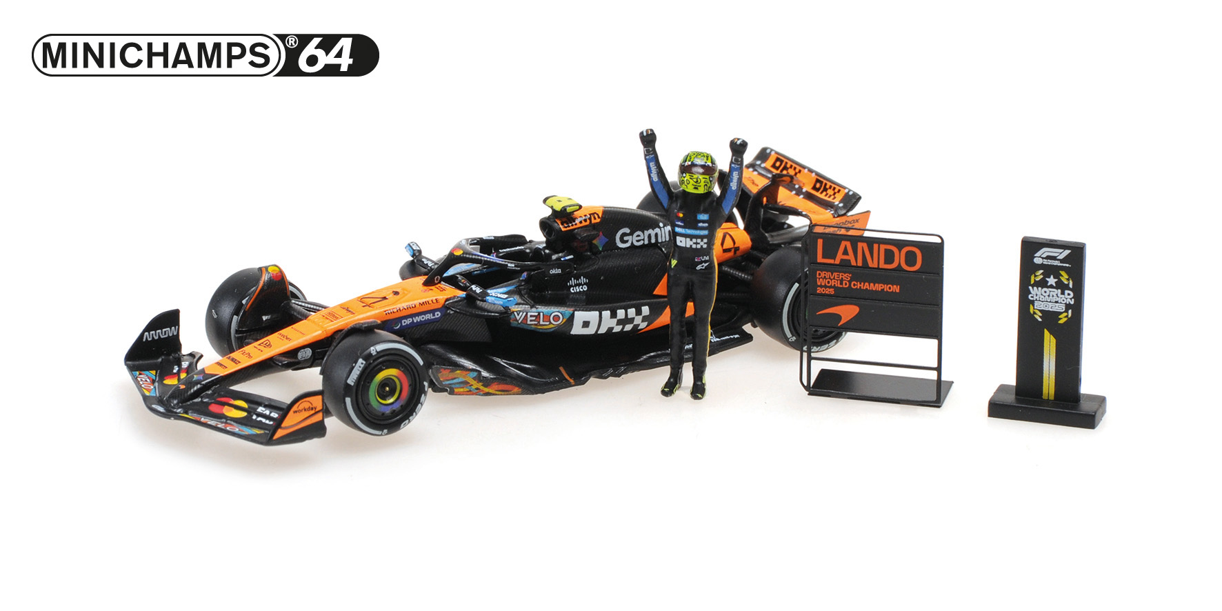 MCLAREN FORMULA 1 TEAM MCL39 - LANDO NORRIS - WC - ABU DHABI GP 2025 W.STAN. FIGURINE.+ 2 PITBOARDS