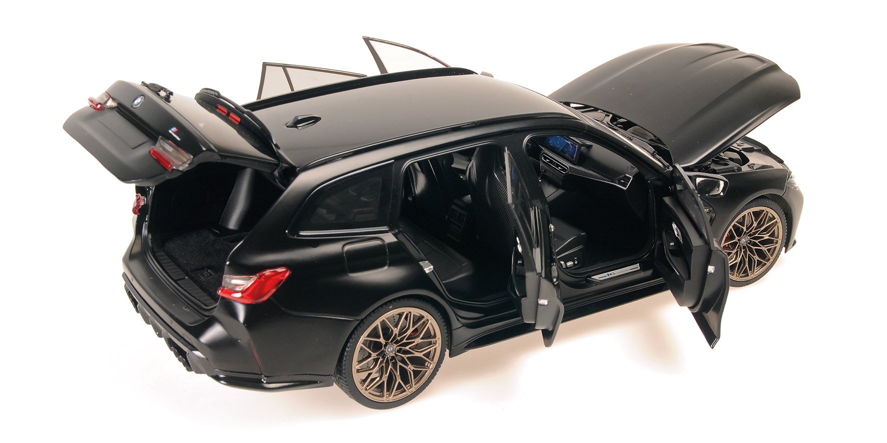 BMW M3 TOURING - 2024 - MATT BLACK W GOLD MAGNESIUM WHEELS AND BLACK INTERIOR BUCKET SEATS