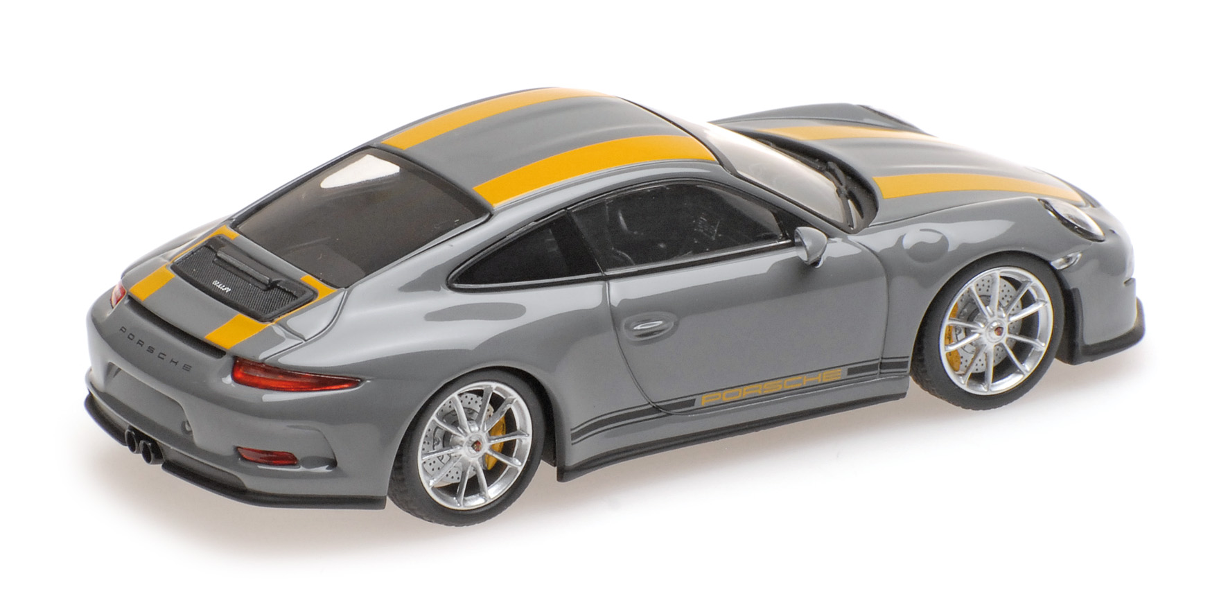 PORSCHE 911 R - 2016 - NARDOGREY W/ YELLOW STRIPES W/ BLACK SIDEWAYS  & YELLOW WRITING