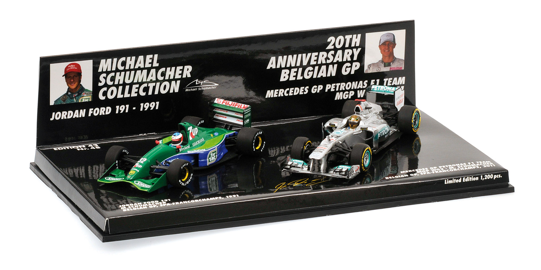 2-CAR SET - JORDAN 191/MERCEDES-BENZ MGP W02 - 20TH ANNIVERSARY SCHUMACHER - 1991 TO 2011 BELGIAN GP
