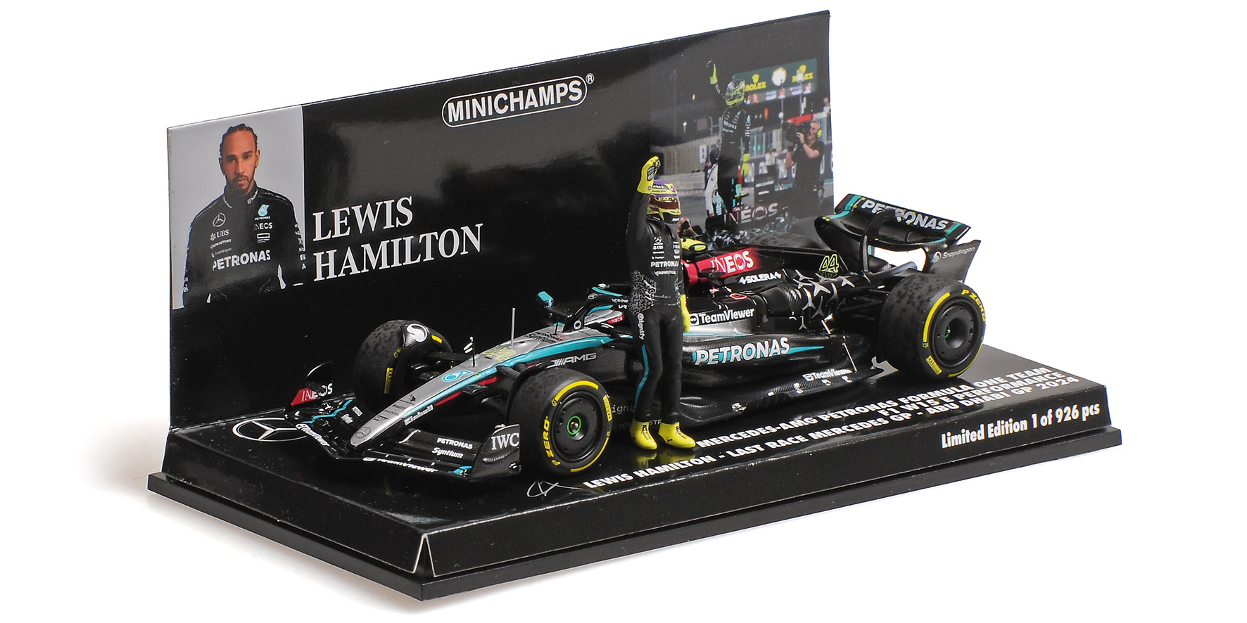 MERCEDES-AMG PETRONAS FORMULA ONE TEAM F1 W15 E PERFORMANCE - LEWIS HAMILTON - LAST RACE MERCEDES GP - ABU DHABI GP 2024 W/FIGURINE