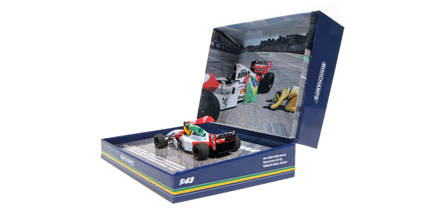 MCLAREN FORD MP4/8 - SEBASTIAN VETTEL - TRIBUTE IMOLA 19.05.24 W FIGURINE AND FLAG