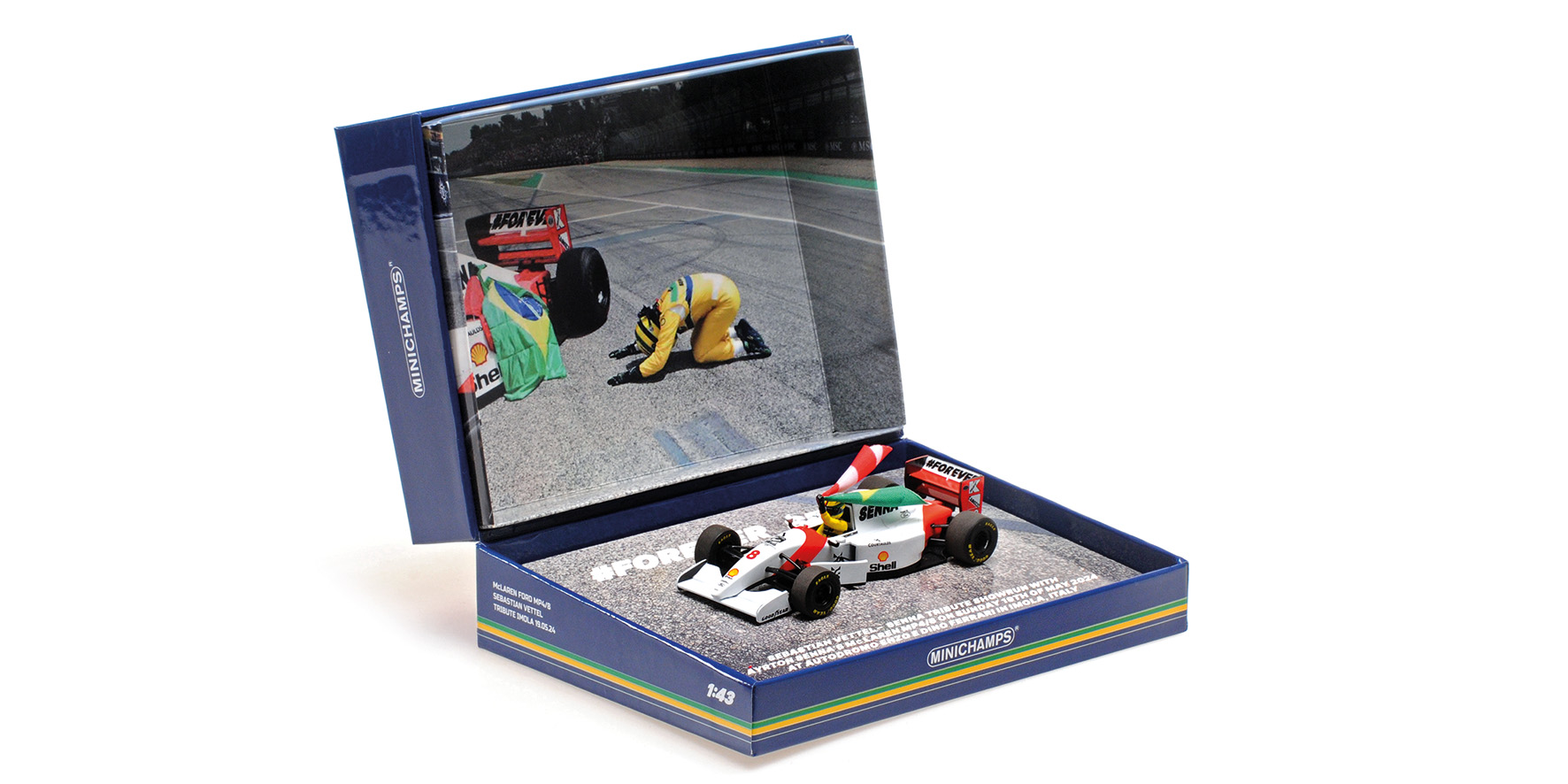 MCLAREN FORD MP4/8 - SEBASTIAN VETTEL - TRIBUTE IMOLA 19.05.24 W FIGURINE AND FLAG