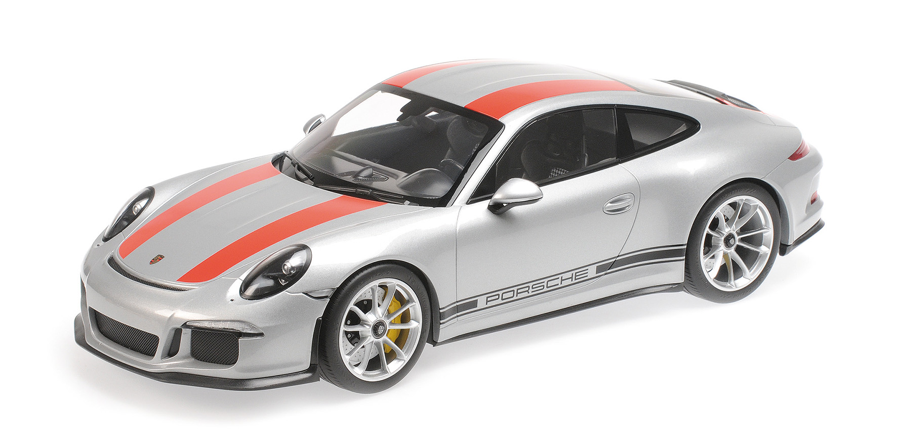 PORSCHE 911 R - 2016 - SILVER W/ RED STRIPES AND BLACK WRITING