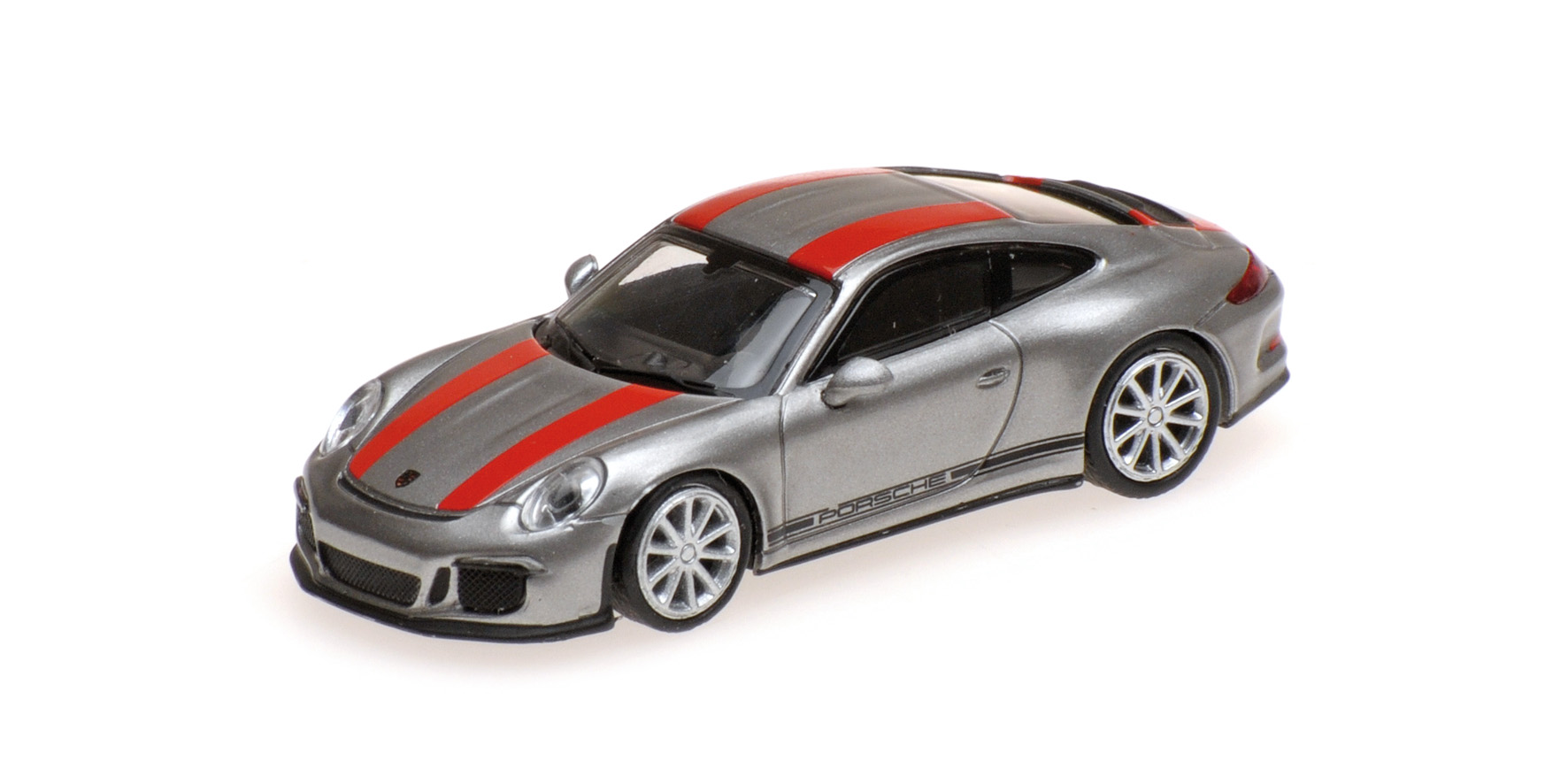 PORSCHE 911 R - 2016 - SILVER W/ RED STRIPES AND BLACK WRITING