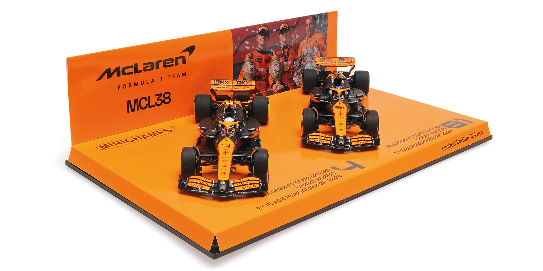 2-CAR SET - MCLAREN F1 TEAM MCL38 - 1-2 FINISH PIASTRI/NORRIS - HUNGARIAN GP 2024