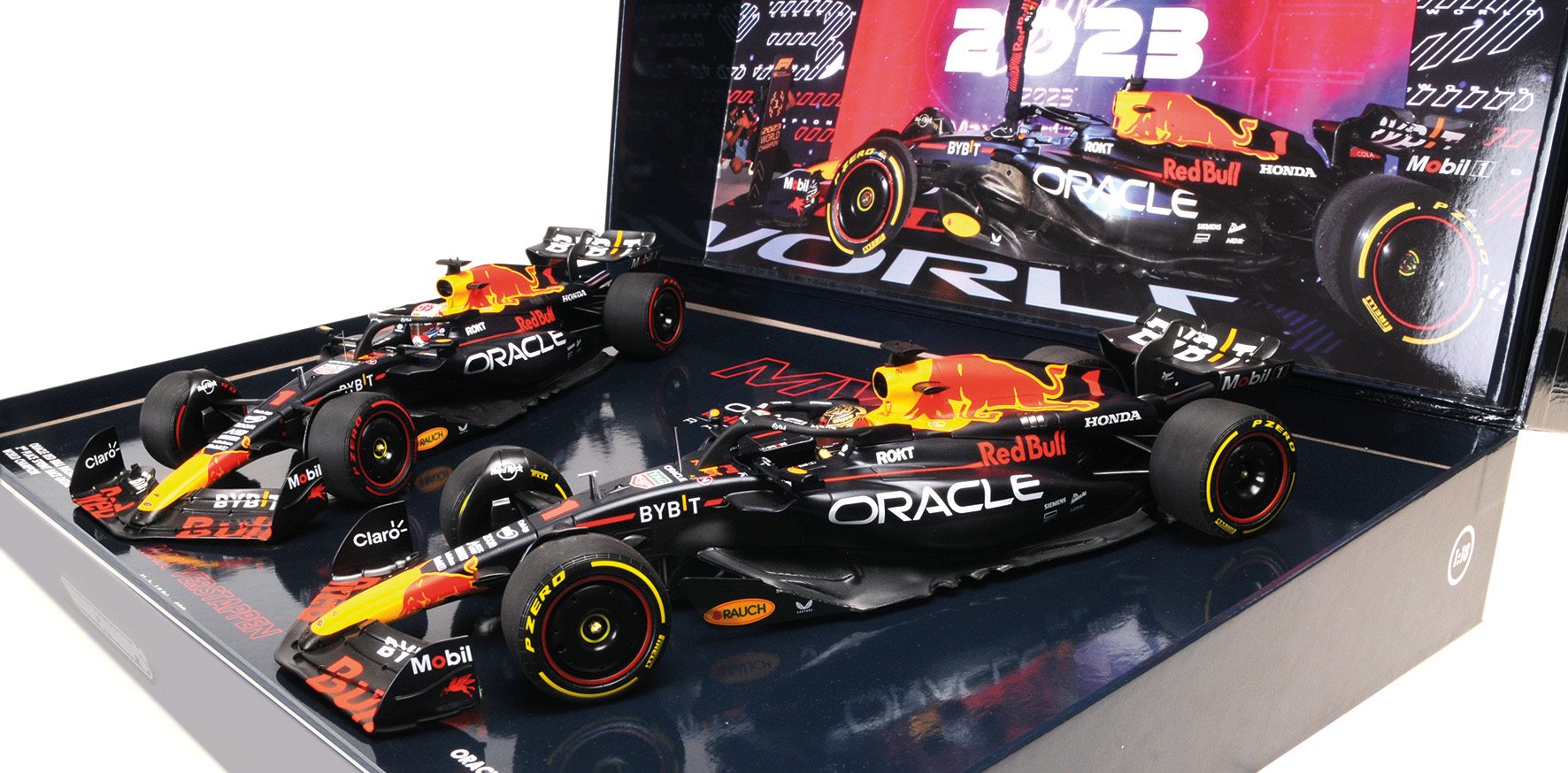 2-CAR-SET - ORACLE RED BULL RACING RB19 - MAX VERSTAPPEN - WORLD CHAMPION QATAR SPRINT & GP 2023