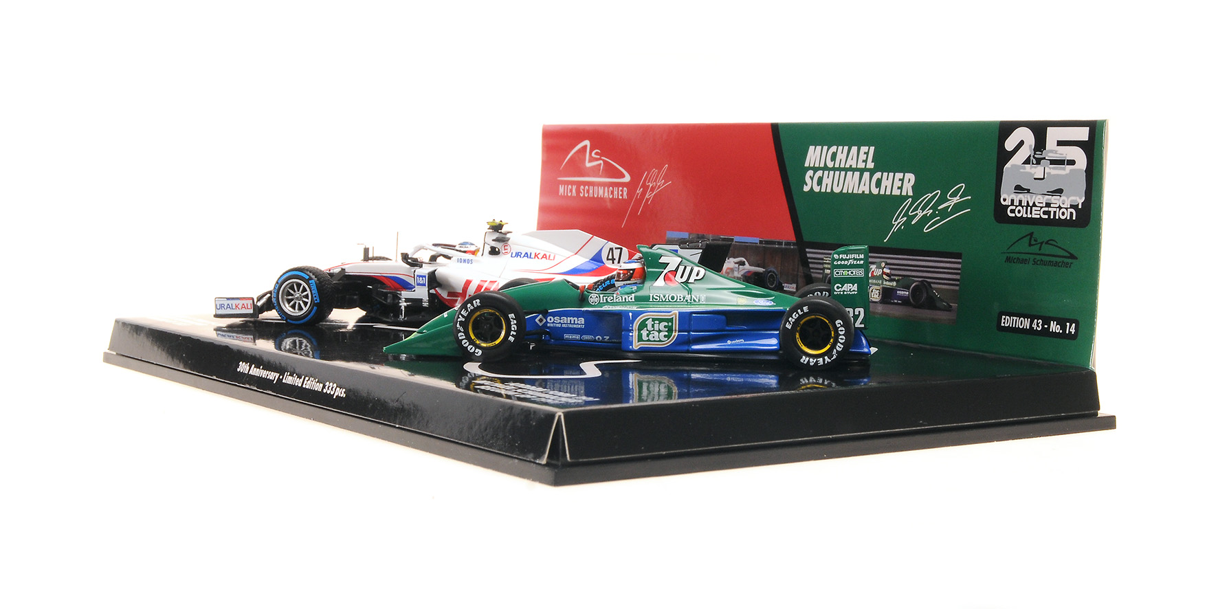 2-CAR SET - M. SCHUMACHER BELGIAN GP 1991 & M. SCHUMACHER, BELGIAN GP 2021 - 30TH ANNIVERSARY