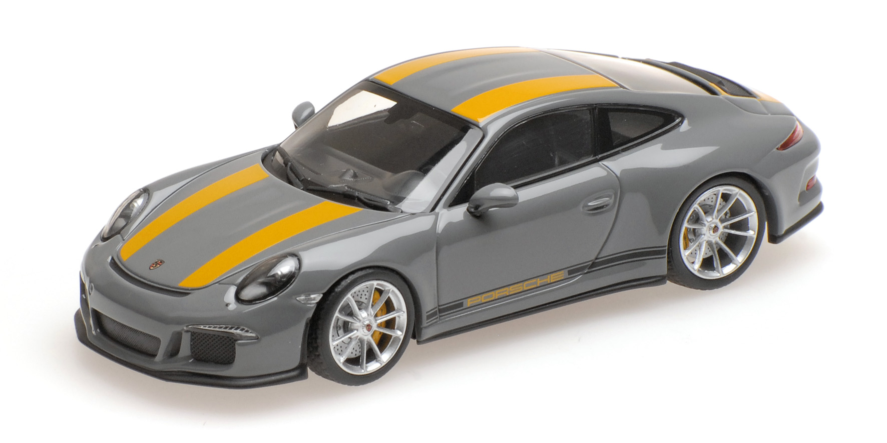 PORSCHE 911 R - 2016 - NARDOGREY W/ YELLOW STRIPES W/ BLACK SIDEWAYS  & YELLOW WRITING