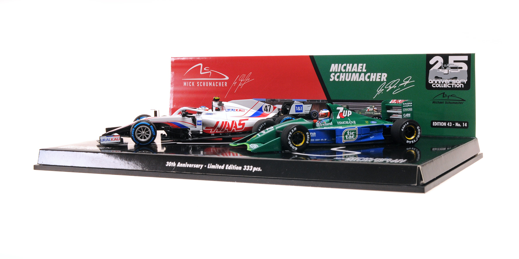 2-CAR SET - M. SCHUMACHER BELGIAN GP 1991 & M. SCHUMACHER, BELGIAN GP 2021 - 30TH ANNIVERSARY