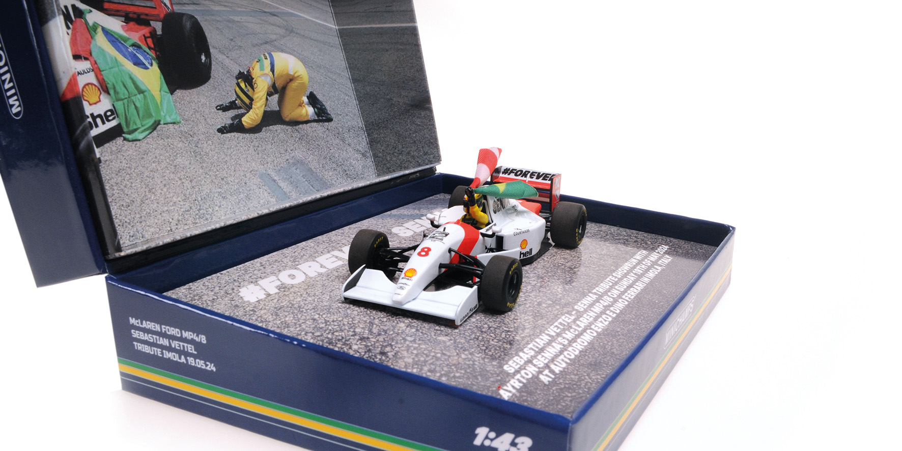 MCLAREN FORD MP4/8 - SEBASTIAN VETTEL - TRIBUTE IMOLA 19.05.24 W FIGURINE AND FLAG