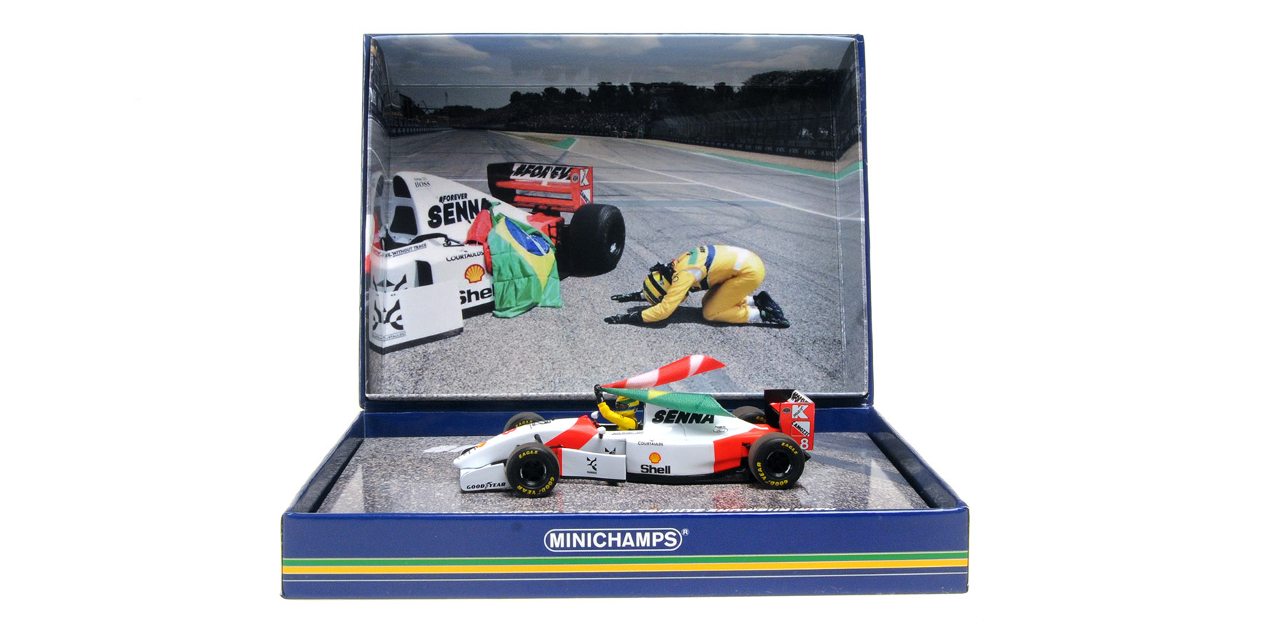 MCLAREN FORD MP4/8 - SEBASTIAN VETTEL - TRIBUTE IMOLA 19.05.24 W FIGURINE AND FLAG