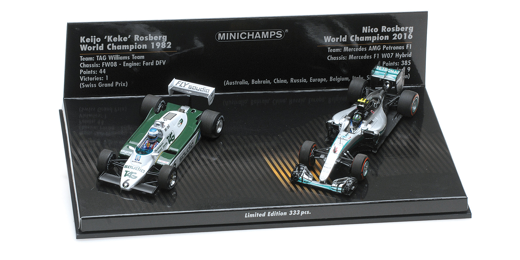 2-CAR SET - WILLIAMS FORD FW08 1982/MERCEDES AMG PETRONAS F1 TEAM 2016 - KEKE/NICO ROSBERG