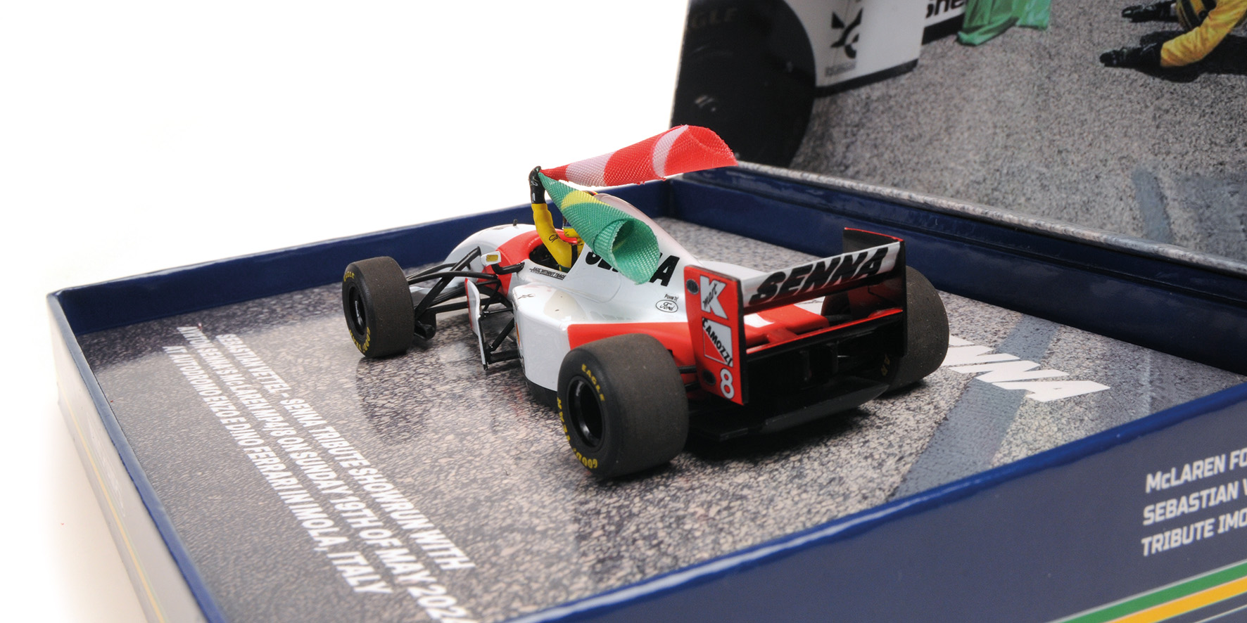 MCLAREN FORD MP4/8 - SEBASTIAN VETTEL - TRIBUTE IMOLA 19.05.24 W FIGURINE AND FLAG